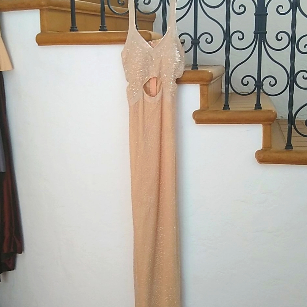 Sequined, champagne-colored 80s prom dress